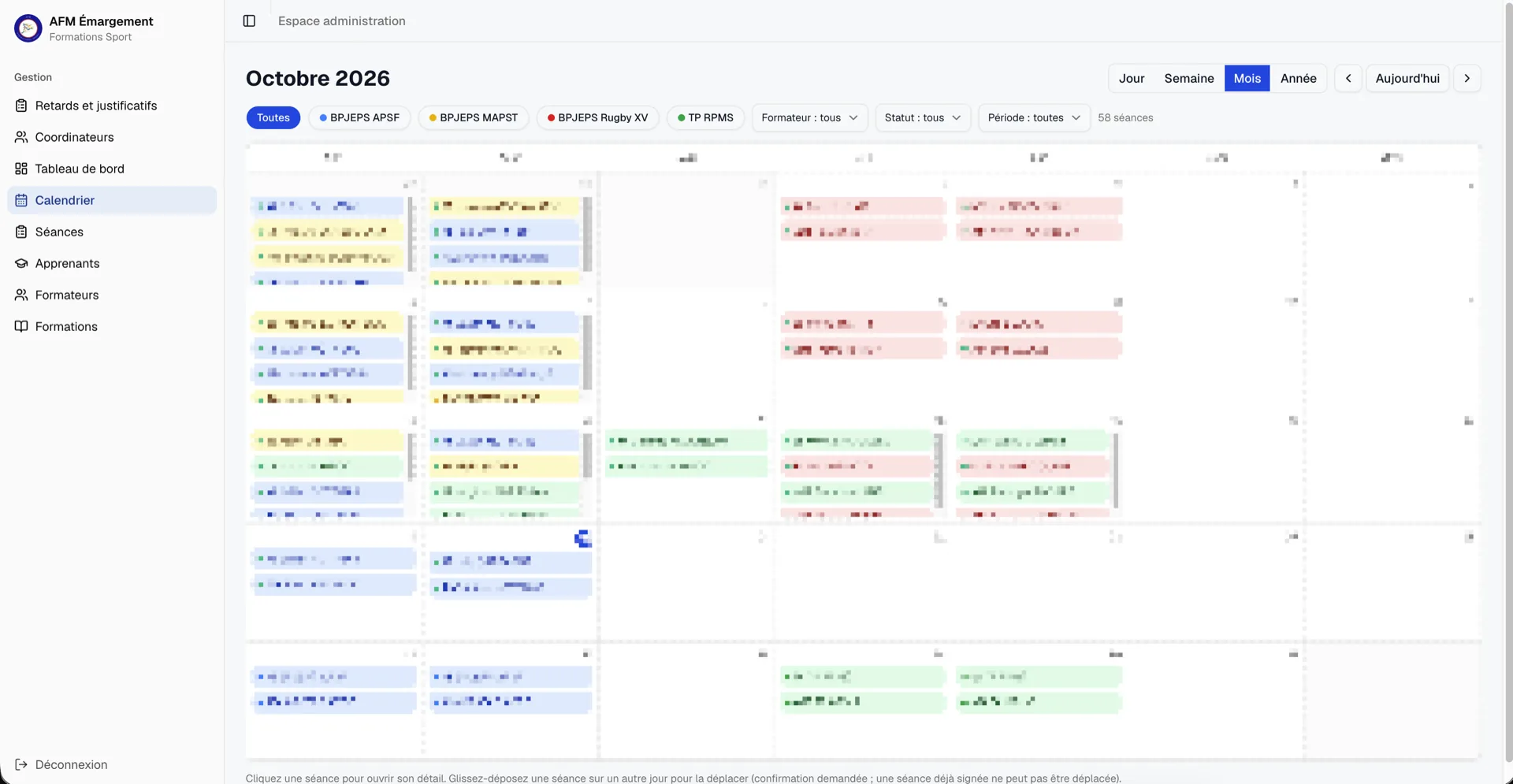 Calendrier mensuel des séances AFM, avec filtres par formation, par formateur, par statut et par période