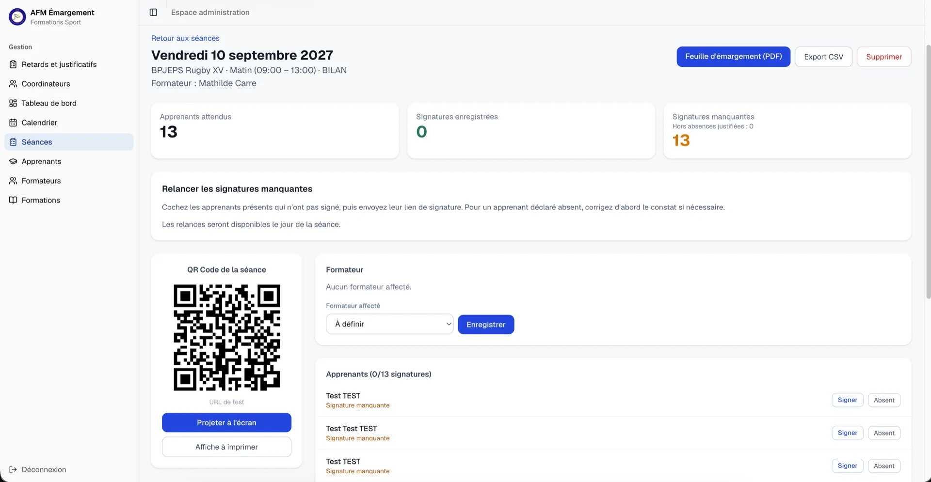 Détail d’une séance AFM : QR code à projeter, apprenants attendus, signatures enregistrées et signatures manquantes