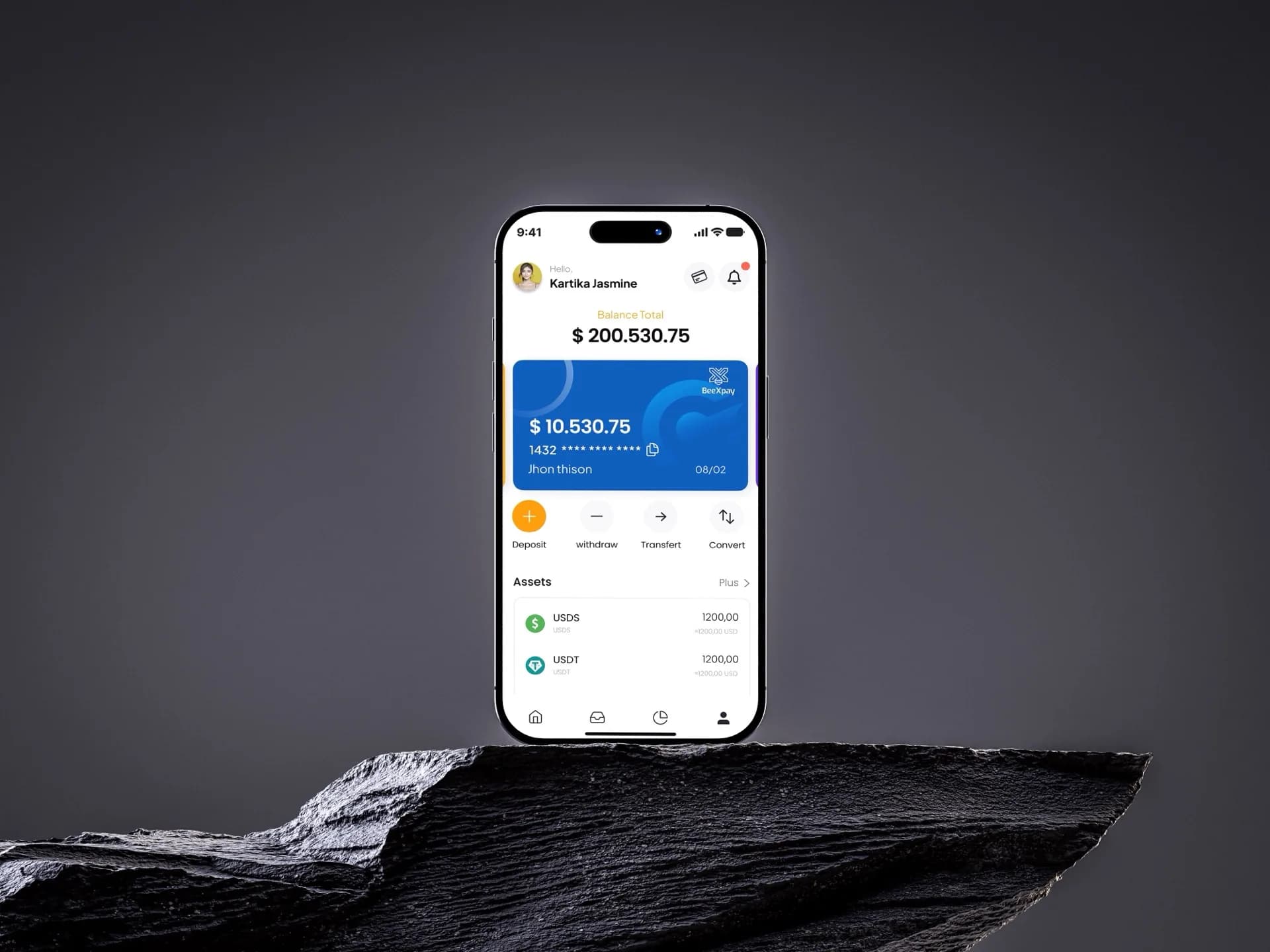 BeexPay — dashboard mobile de gestion crypto et carte virtuelle