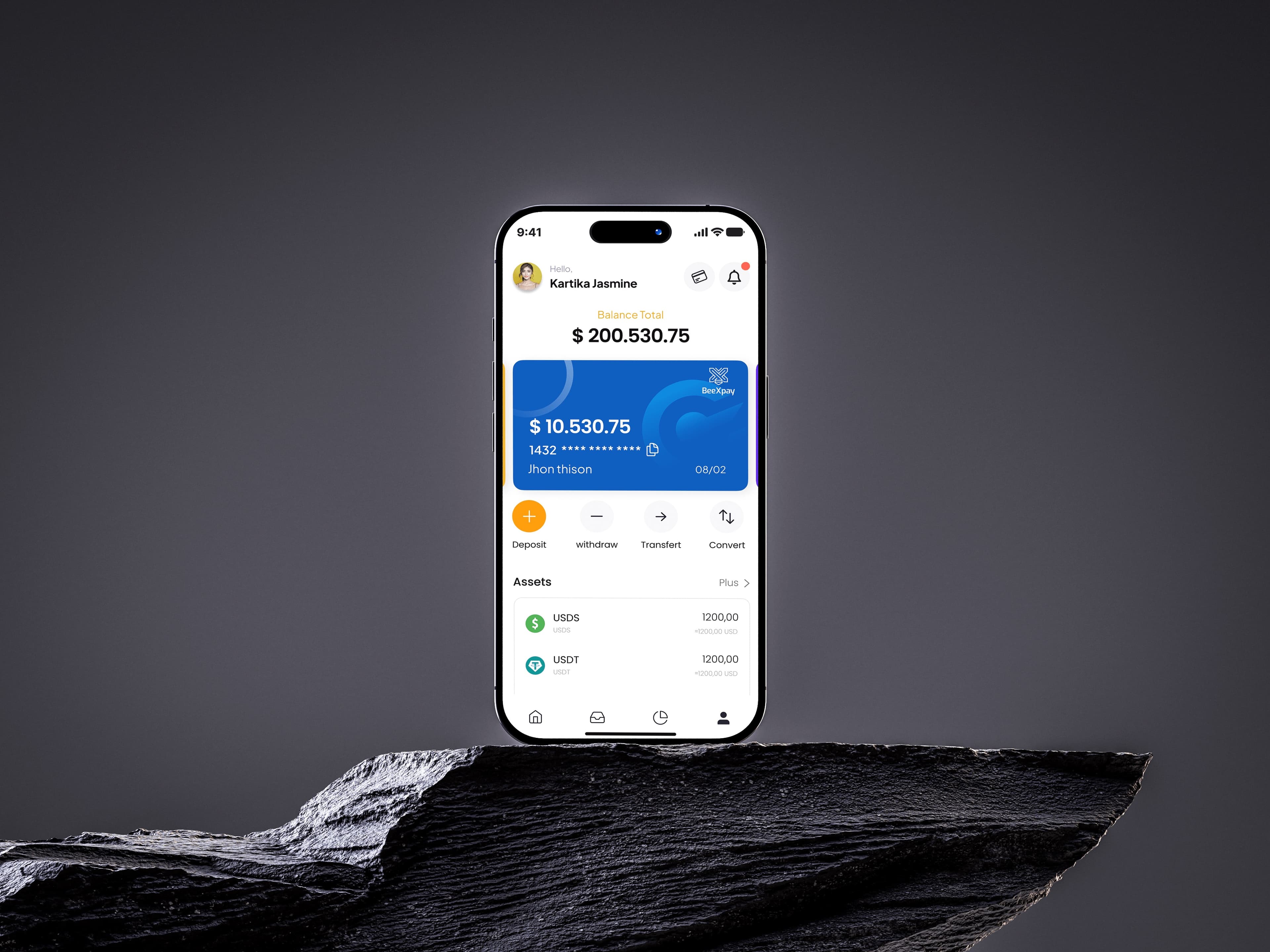 Dashboard principal BeexPay avec balance et carte virtuelle