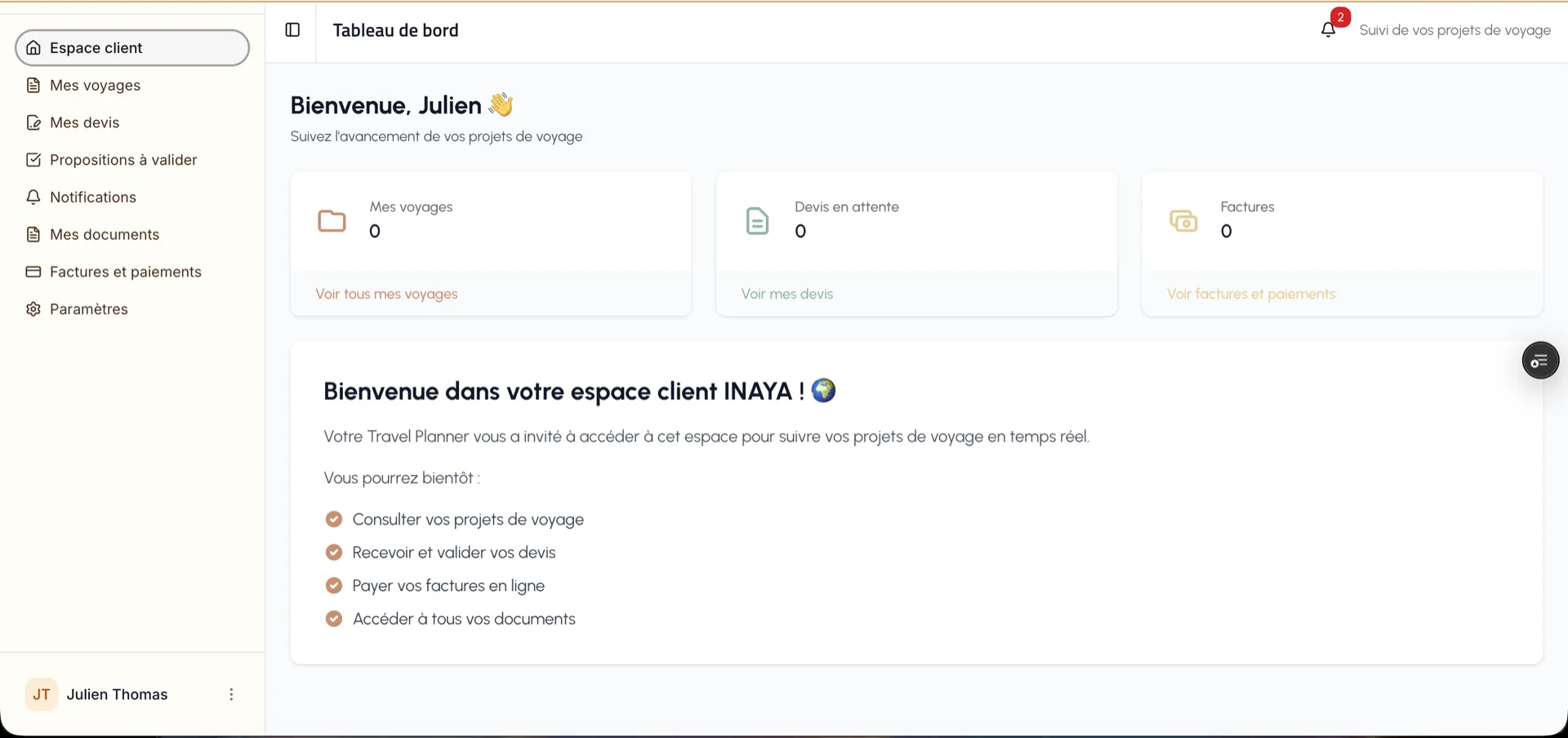 Inaya — espace client voyageur avec carnet digital