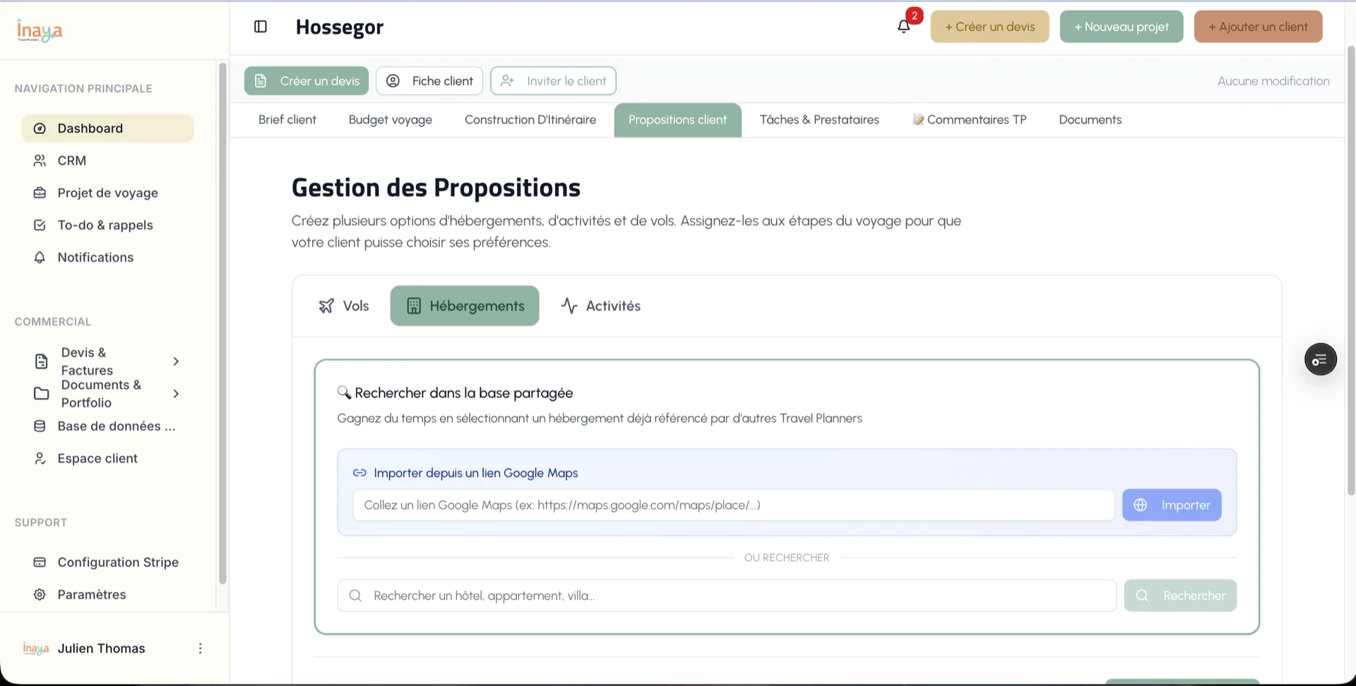 SaaS Inaya — gestion des propositions de voyage