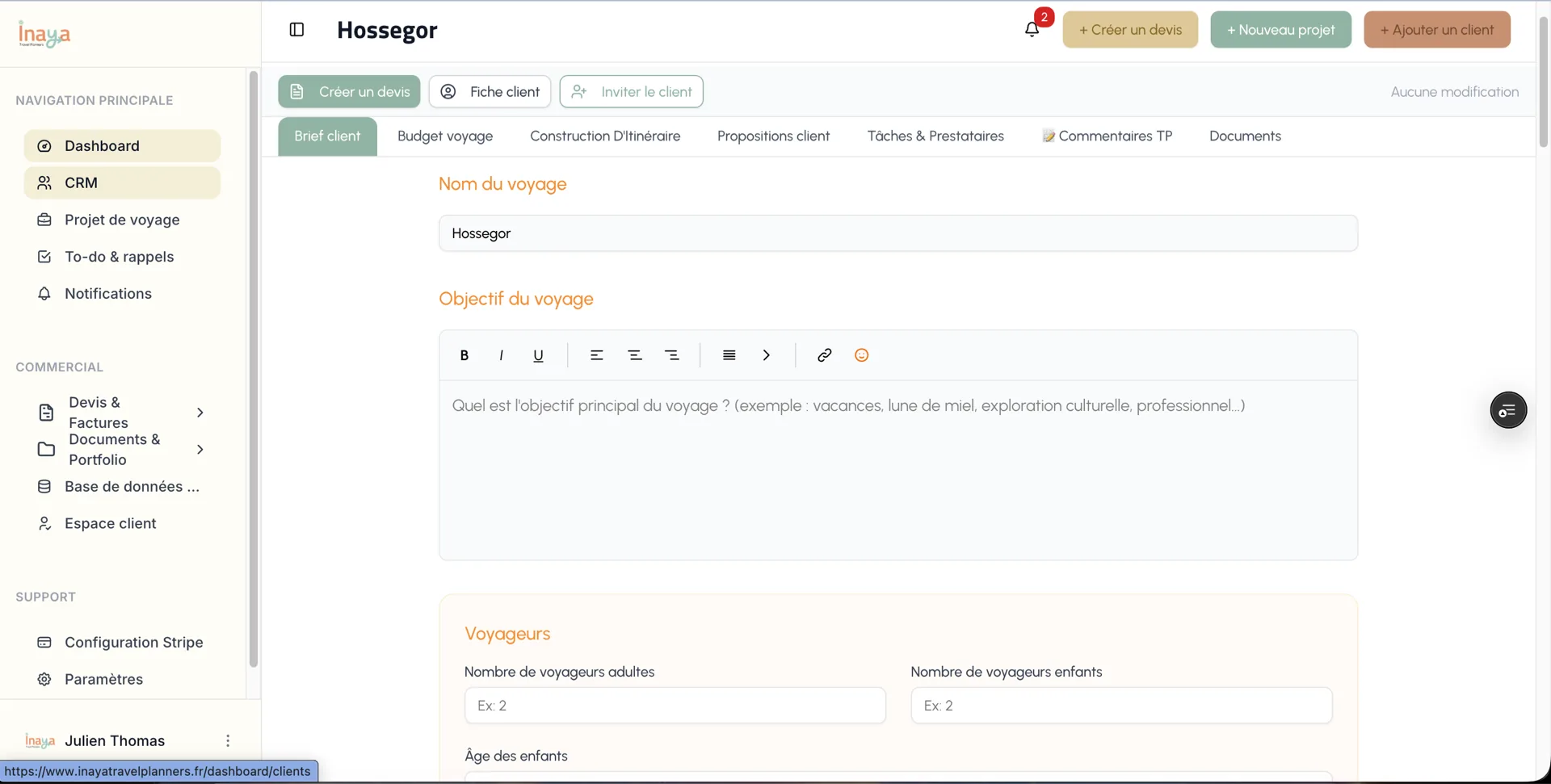 SaaS Inaya — dashboard de gestion d'un projet voyage