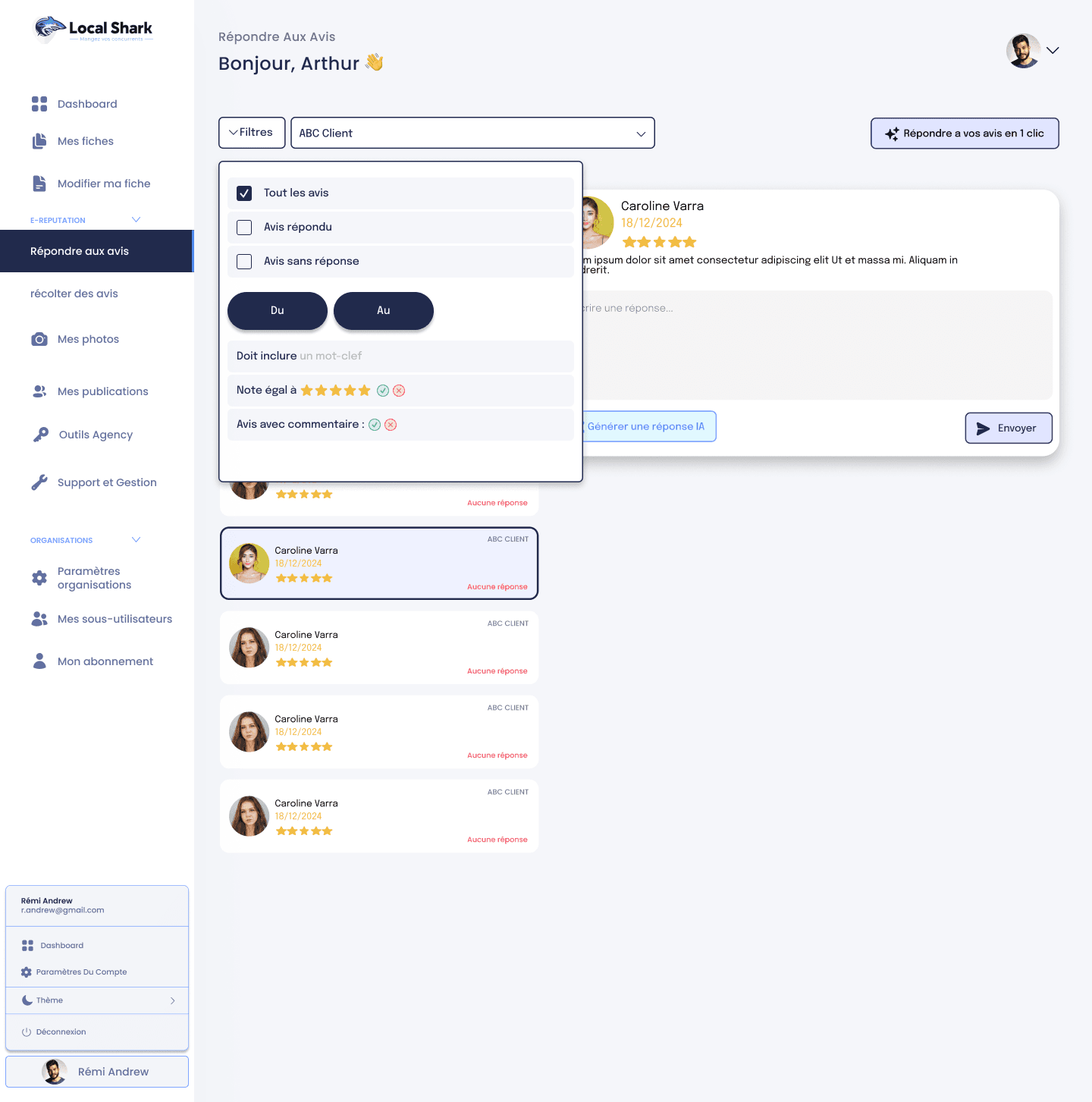 Interface de réponse aux avis avec filtres (Tout les avis, Avis répondu, Avis sans réponse)