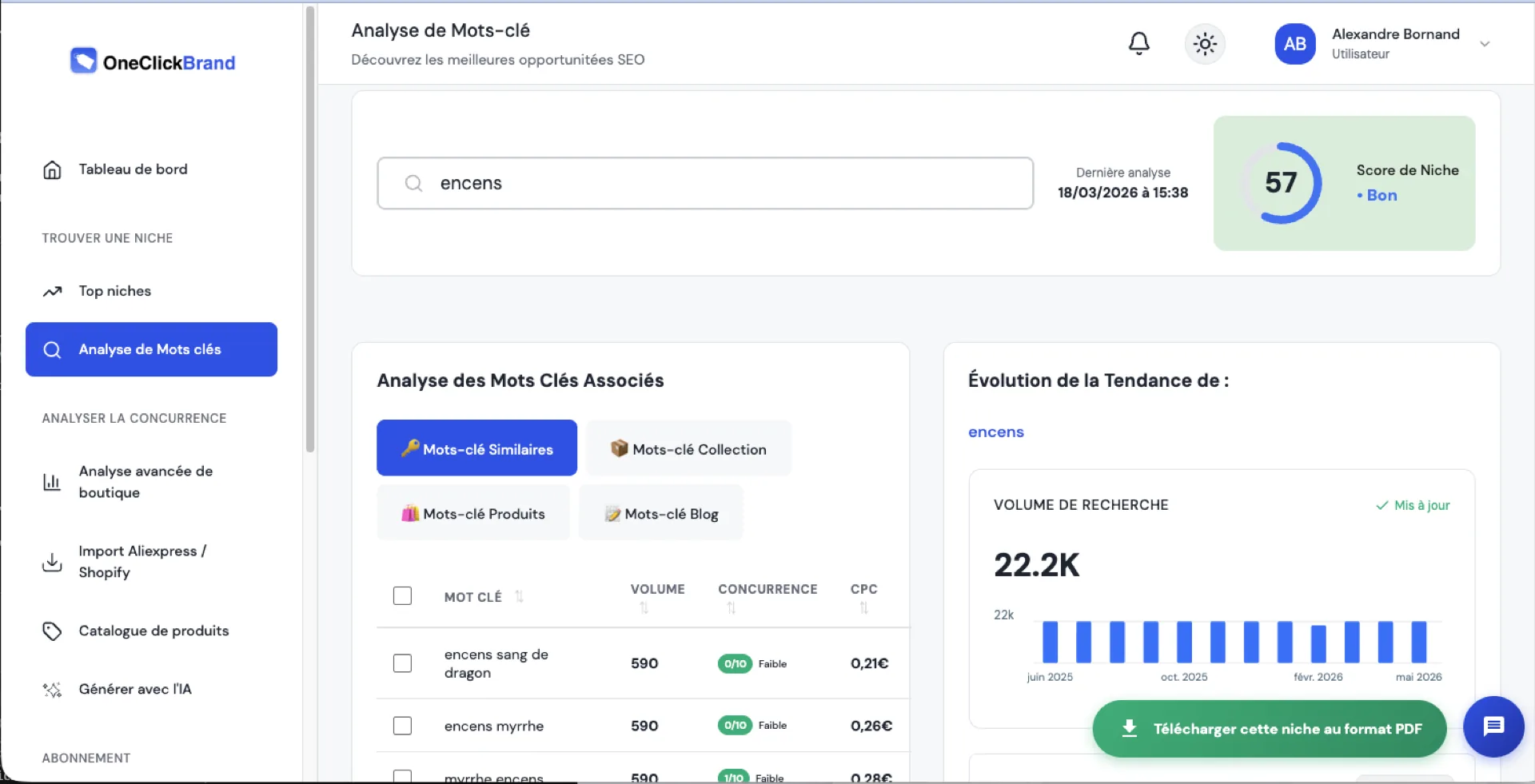 OneClickBrand — analyse de mots-clés et persona cible