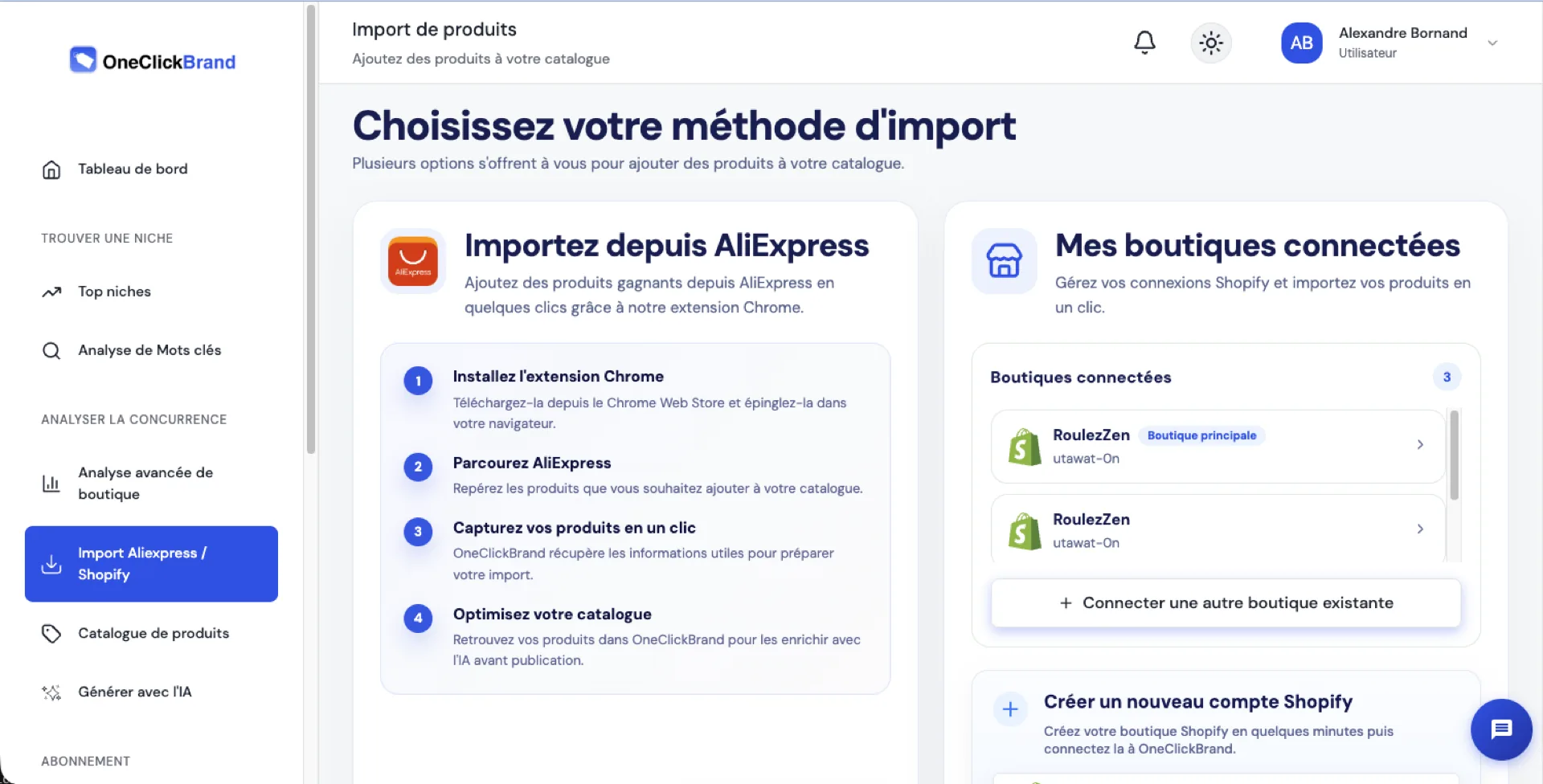 OneClickBrand — import de produits AliExpress et connexion Shopify