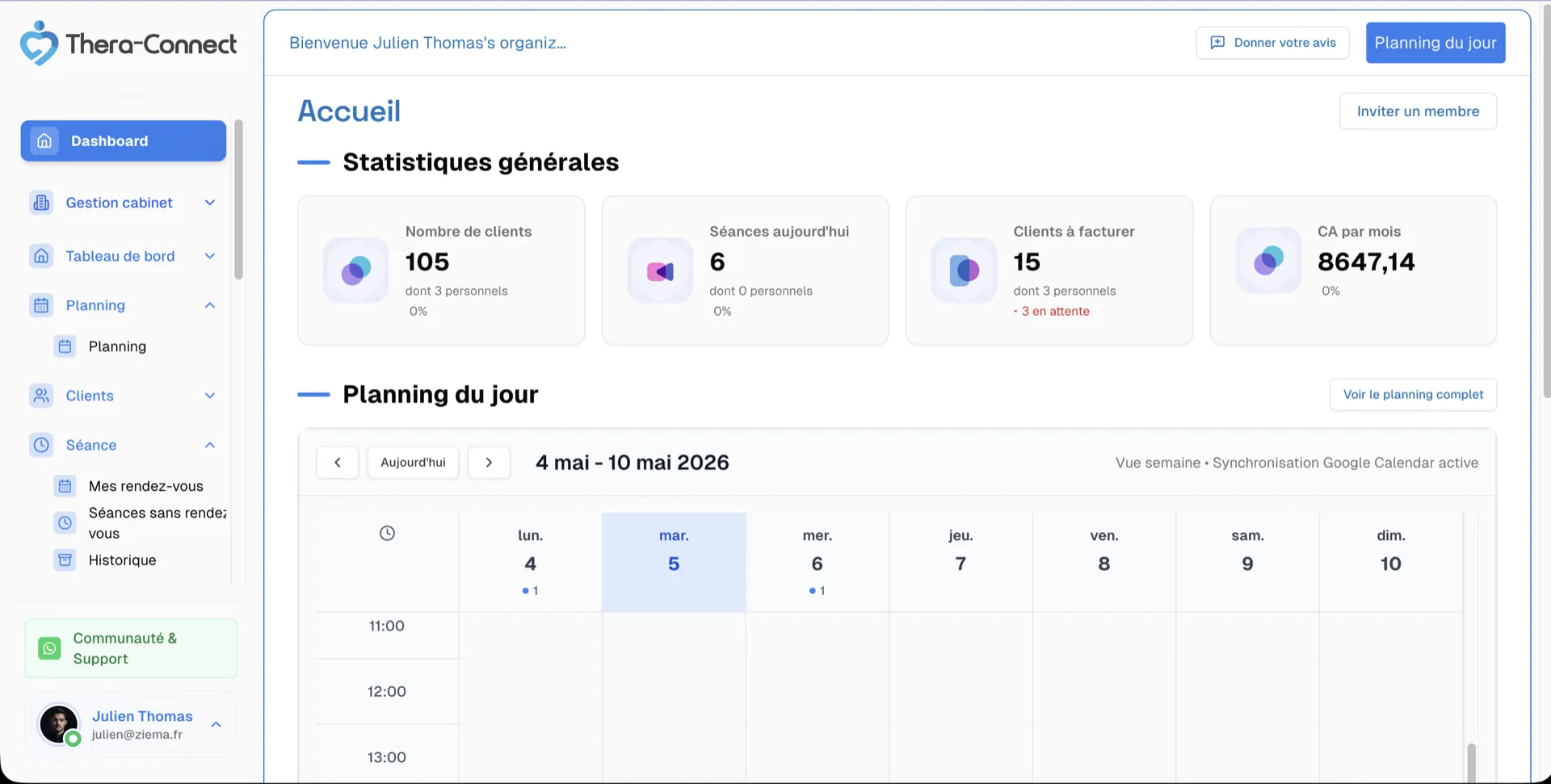 Théra-Connect — application en production développée par Ziema