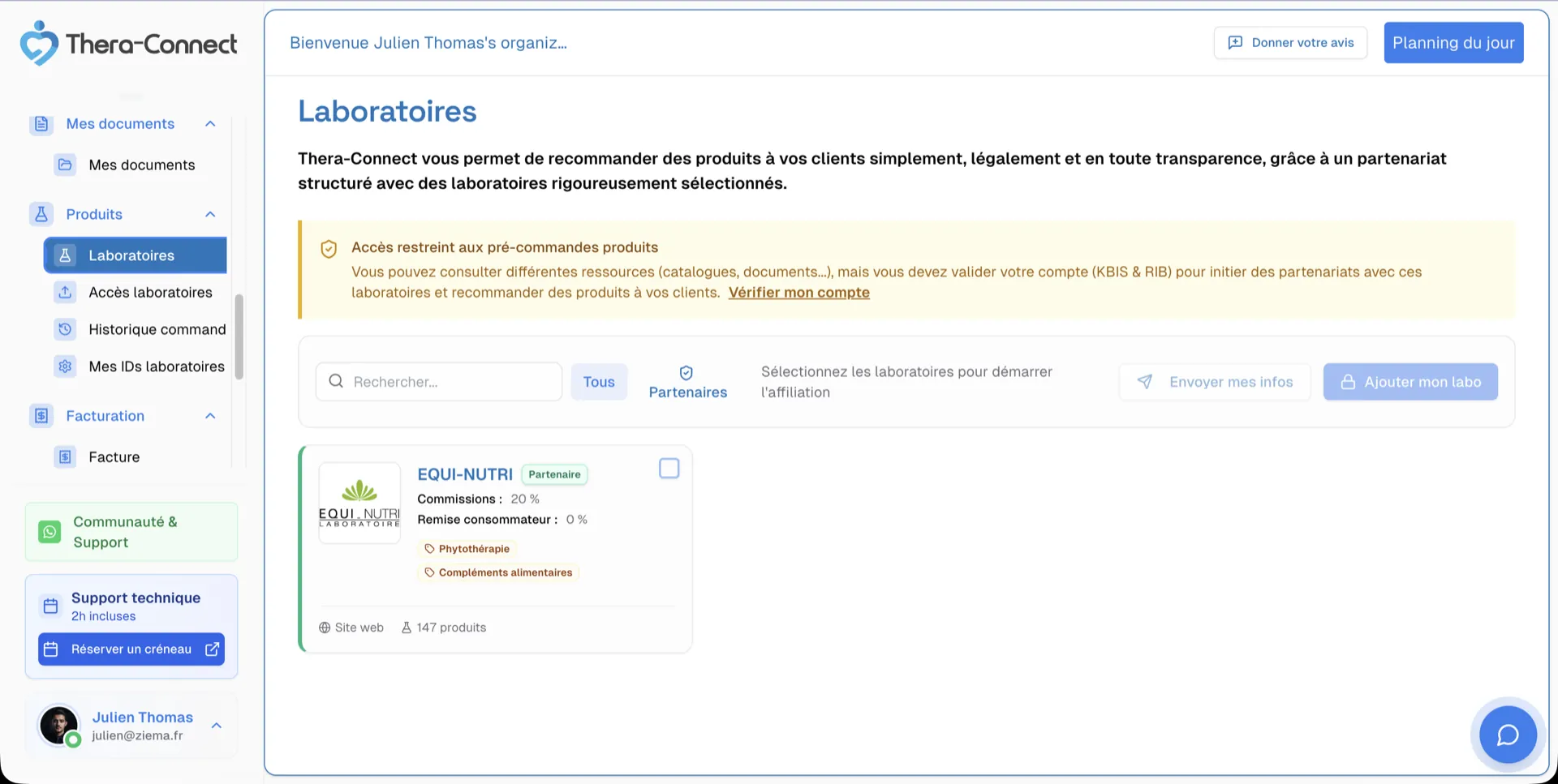 Catalogue de laboratoires partenaires intégré à Théra-Connect