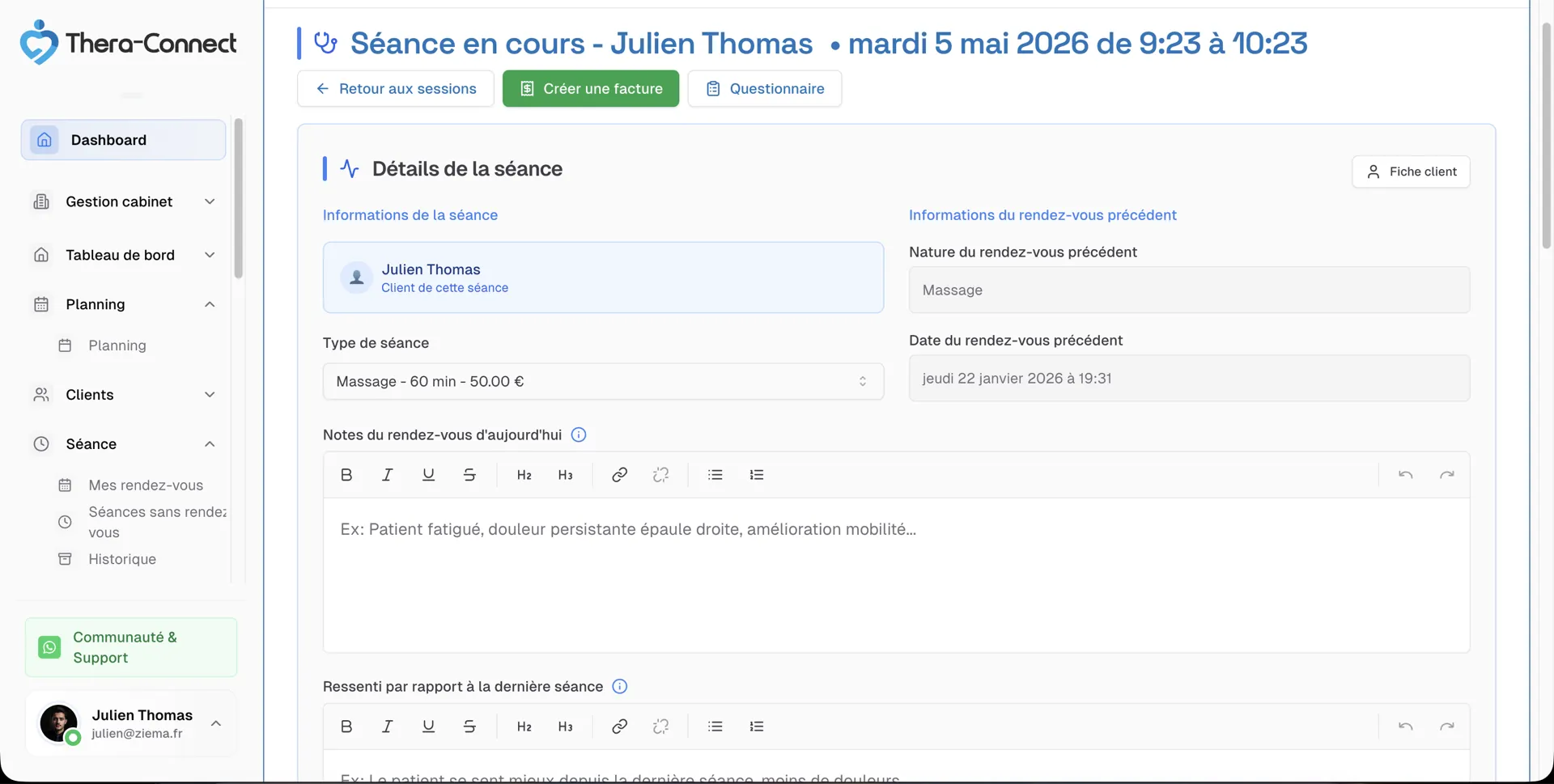 Vue séance en cours et planning d'un praticien dans Théra-Connect